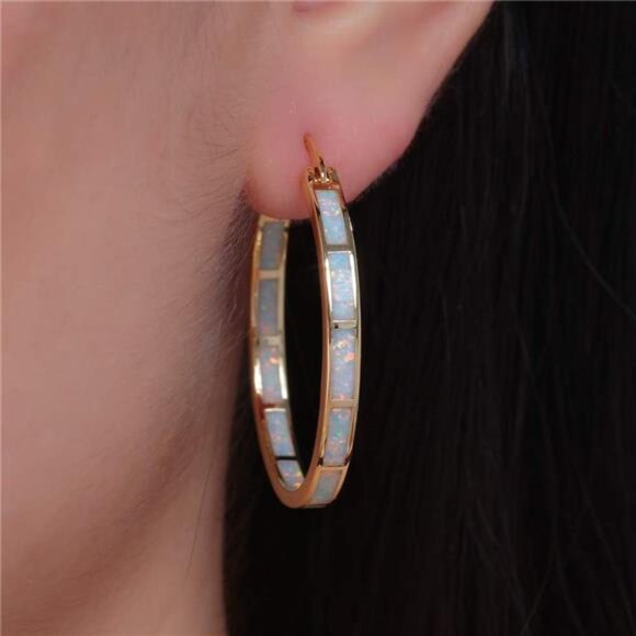 White Opal Hoop Earrings Gold Plated 32mm Gemstone Hoop Jewelry Gift for Women - Picture 4 of 7